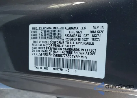 2013 Honda Odyssey Touring/Touring Elite z USA, uszkodzony, nr VIN 5FNRL5H95DB077565